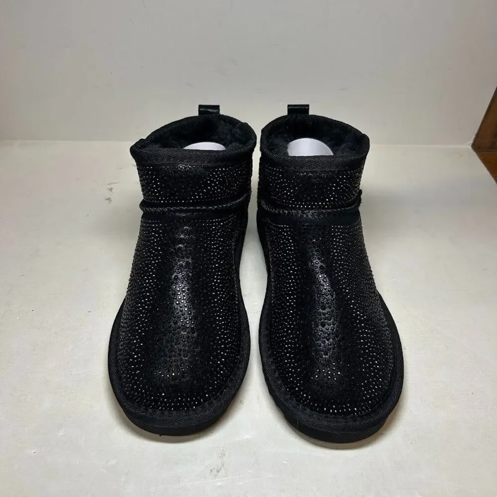 INC Womens 6 M Black Bling Rhinestone Embellished Faux Fur Flat Booties NIB RY0